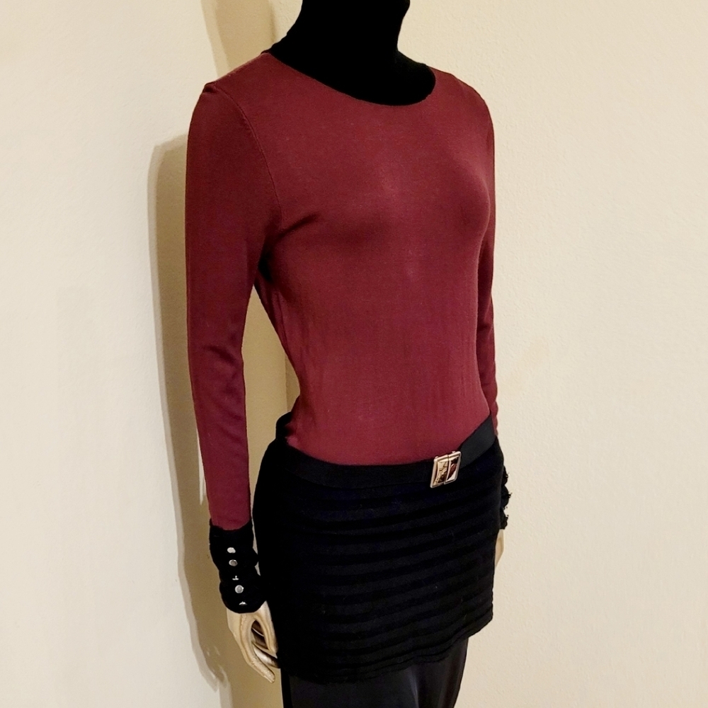 NWOT VENUS Colorblock Sophisticated High Neck Long Belted Sweater Top Sz M - Picture 3 of 12